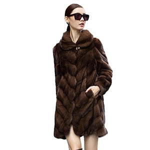 fur story Women's Long Fur Coat with Real Mink Fur Thick Warm Coat Full Sleeve Turn Down Collar