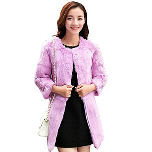 fur story Women's Long Fur Coat with Real Rabbit Fur Thick Warm Coat 3/4 Sleeve O Neck