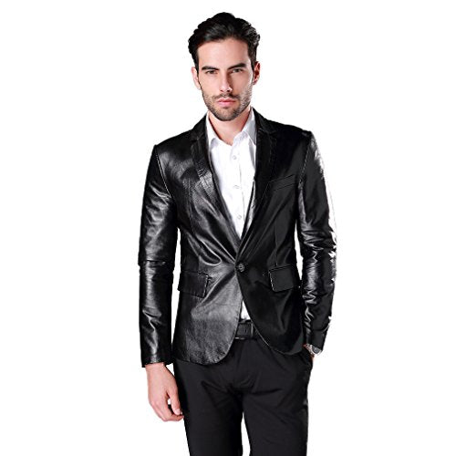 Fur Story Men's Genuine Sheep Leather Coat Suit Full Sleeve Turn Down Collar (Black)