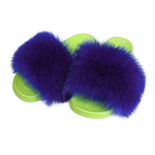 Load image into Gallery viewer, Fur Story ladies blue faux fur slippers, outdoor furry sandals