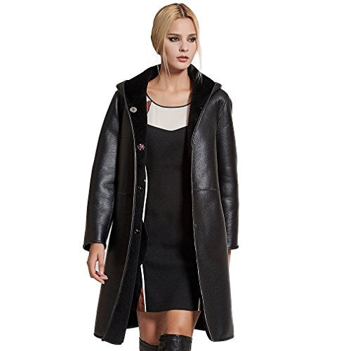 Fur Story Women's Synthetic Leather Long Coat with Real Lamb Fur Hoodie Double Faced Fur Full Sleeve O Neck