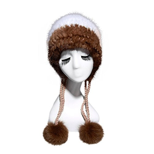Fur Story 15664 Women's Knitted Real Mink Fur Beanie Hat Fox Fur Pom Pom Cap