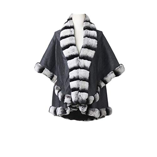 Women's Wool Poncho Coat With Rex Rabbit Fur Collar And Hem Thick Warm Winter Shawl (Fur Story 18704)
