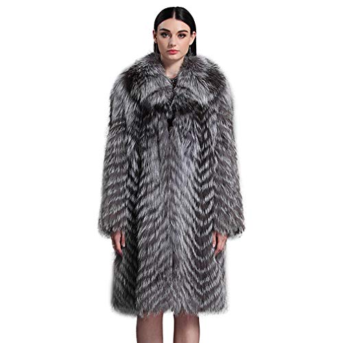 fur story Women's Long Real Silver Fox Fur Coat with Fox Fur Collar Thick Warm Coat Full Sleeve