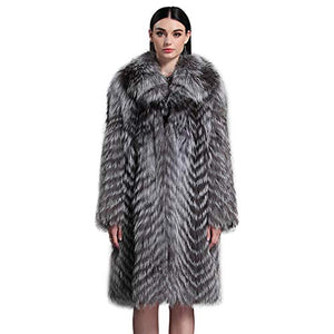 fur story Women's Long Real Silver Fox Fur Coat with Fox Fur Collar Thick Warm Coat Full Sleeve
