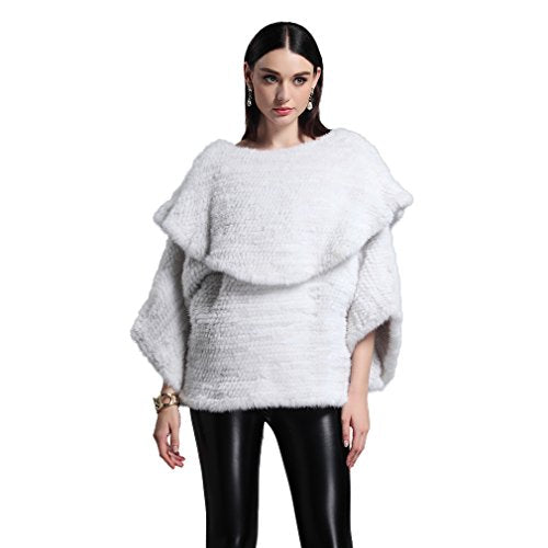Fur Story Women's Knitted Fur Coat with Real Mink Fur 100% Hand-Made Big Turn Down Collar