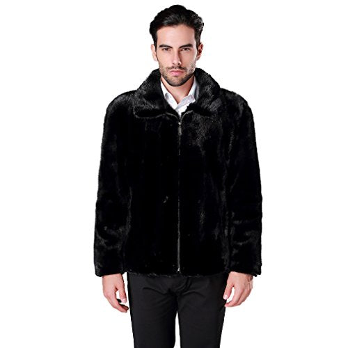 fur story Men's Genuine Mink Fur Coat Thick Warm Coat Full Sleeve Turn Down Collar (Black)
