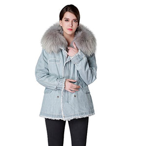 Fur Story Women's Real Fur Coat with Fox Fur Lining and Raccoon Fur Collar Full Sleeve