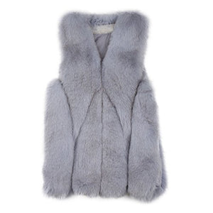 fur story Women's Fur Vest with Real Fox Fur Thick Warm Vest Sleeveless V Neck
