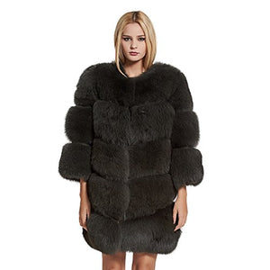 fur story Women's Long Fur Coat with Real Fox Fur Thick Warm Coat O Neck