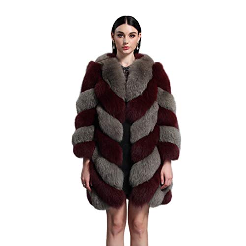 fur story Women's Long Fur Coat with Real Fox Fur Thick Warm Coat 3/4 Sleeve V Neck
