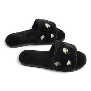 Women's Furry Slippers Fluffy Fur Slippers Daisy Open Toe House Slippers(Black,7.5-8)