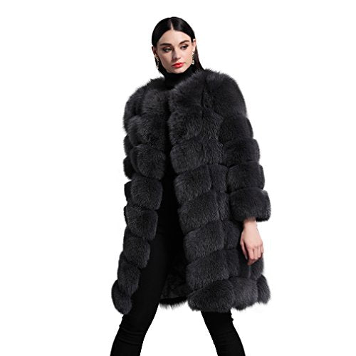 Fur Story Women's Long Fur Coat with Real Fox Fur Thick Warm Coat Nine Points Sleeve O Neck