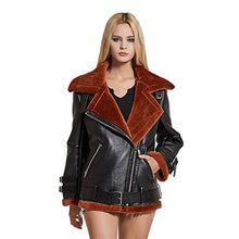 Load image into Gallery viewer, Fur Story Women&#39;s Synthetic Leather Jacket with Real Lamb Fur Double Faced Fur Coat Full Sleeve
