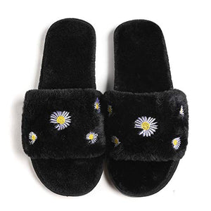 Women's Furry Slippers Fluffy Fur Slippers Daisy Open Toe House Slippers(Black,7.5-8)