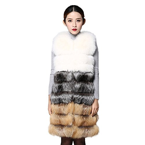 Fur Story 152109 Women's Long Real Fox Fur Vest Contrast Color