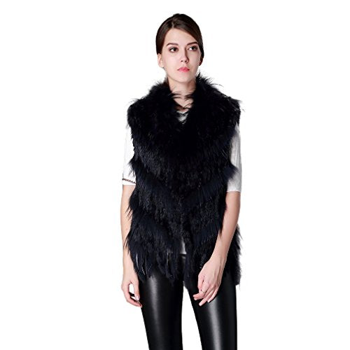 fur story Women's Knitted Real Rabbit Fur Vest with Raccoon Fur Collar Thick Warm Vest Sleeveless
