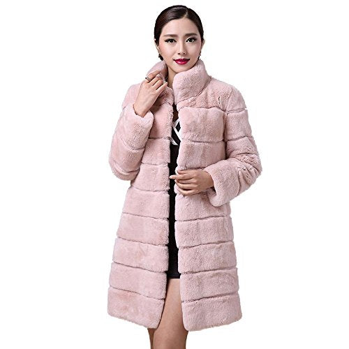 Fur Story Women's Long Fur Coat with Real Rex Rabbit Fur Nine Points Sleeve Mandarin Collar