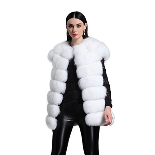 fur story Women's Fur Vest with Real Fox Fur Thick Warm Vest Short Sleeve O Neck