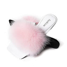 Load image into Gallery viewer, Womens Flat Furry Slides Toe Square Fox Fur Fuzzy Sandals Fashion Dressy Shoes for Ladies Black Sexy Slippers with Open Toe