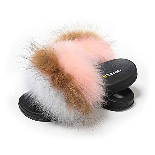 Fur Story FS20S01 Women's Fox Fur Slides Furry Slides for Outdoor Fluffy Sandals Open Toe Fur Slippers