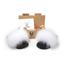 Load image into Gallery viewer, Fur Story Women&#39;s Fox Fur Slides Furry Slide for Outdoor Fluffy Sandals Open Toe Fur Slippers (White, 11)