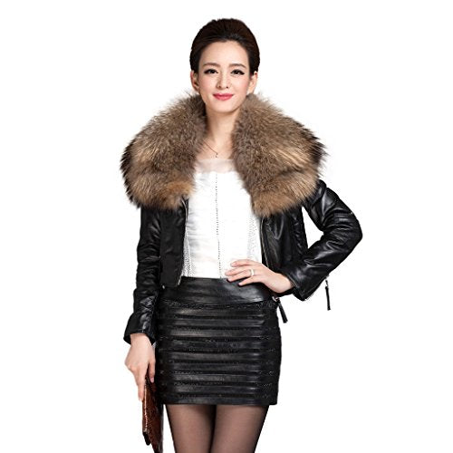 Women's Short Genuine Sheep Leather Coat with Raccoon Fur Collar