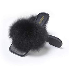 Load image into Gallery viewer, Womens Flat Furry Slides Toe Square Fox Fur Fuzzy Sandals Fashion Dressy Shoes for Ladies Black Sexy Slippers with Open Toe