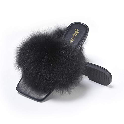 Womens Flat Furry Slides Toe Square Fox Fur Fuzzy Sandals Fashion Dressy Shoes for Ladies Black Sexy Slippers with Open Toe