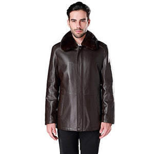 Fur Story Men's Genuine Sheep Leather Coat Jacket Mink Fur Lining and Collar Full Sleeve Turn Down Collar