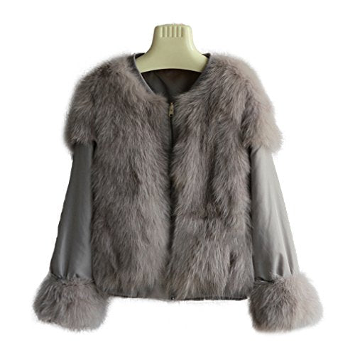 Fur Story Women's Real Fox Fur Parka Cotton-Padded Double Wear Warm Coat Full Sleeve O Neck