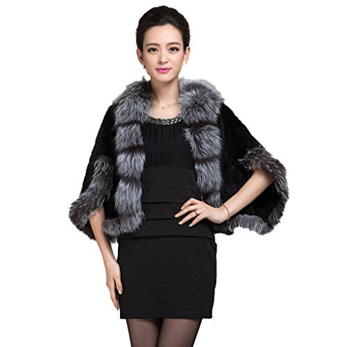 Fur Story Women's Knitted Fur Poncho with Real Mink Fur Thick Warm Pashmina with Fox Fur Collar