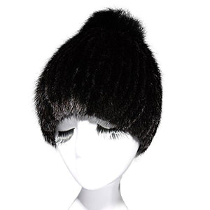 Fur Story 15668 Women's Real Mink Fur Beanie Hat Fox Fur Pom Pom Skull Cap