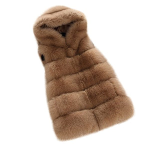 fur story Women's Fur Vest Hoodie with Real Fox Fur Thick Warm Vest with Hood Sleeveless