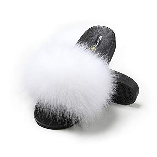 Fur Story Women's Fox Fur Slides Furry Slide for Outdoor Fluffy Sandals Open Toe Fur Slippers (White, 11)