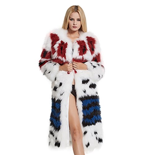Fur Story Women's Knitted Long Real Fox Fur Coat Thick Warm Coat Full Sleeve O Neck Contrast Color