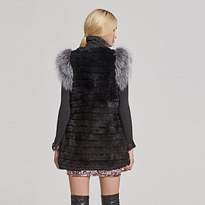 Women's Genuine Rabbit Fur Vest with Fox Fur Cuffs Winter Coat(Sleeveless,10)