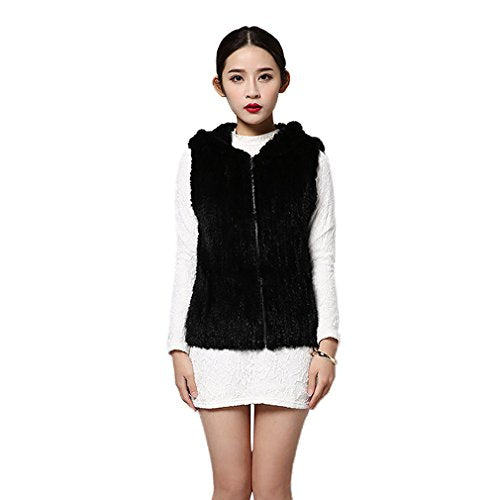 fur story Women's Knitted Real Mink Fur Vest with Fur Hood Warm Waistcoat Sleeveless V Neck