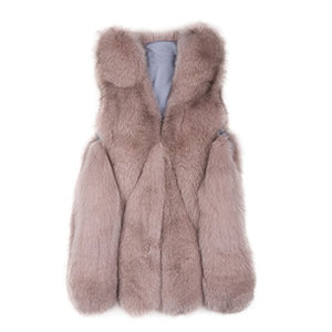 fur story Women's Fur Vest with Real Fox Fur Thick Warm Vest Sleeveless V Neck