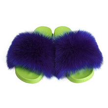 Load image into Gallery viewer, Fur Story ladies blue faux fur slippers, outdoor furry sandals