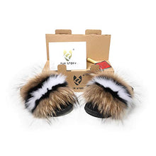 Load image into Gallery viewer, Fur Story Women&#39;s Fox Fur Slides Furry Slide Sandals Summer Fur Slippers (Brown, Numeric_7_Point_5)