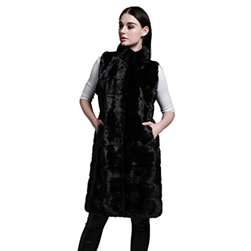 Fur Story Women's Long Fur Vest with Mink Fur Thick Warm Vest Sleeveless Stand up Collar Length 85CM