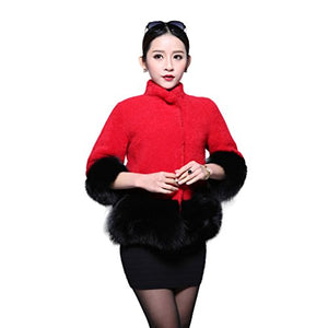 Fur Story Women's Real Lamb Fur Coat with Fox Fur Hem and Cuff Thick Warm Coat with Tassels