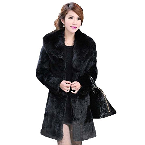 Fur Story Women's Long Real Rabbit Fur Coat with Fox Fur Collar Thick Warm Coat Full Sleeve
