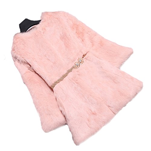 Fur Story Women's Long Fur Coat with Real Rabbit Fur Thick Warm Nine Points Sleeve O Neck US 6 (Light Pink)