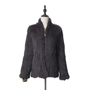 fur story Women's Knitted Fur Coat with Real Rabbit Fur Thick Warm Coat Full Sleeve V Neck