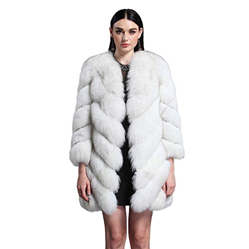 fur story Women's Long Fur Coat with Real Fox Fur Thick Warm Coat 3/4 Sleeve V Neck