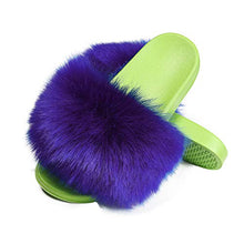 Load image into Gallery viewer, Fur Story ladies blue faux fur slippers, outdoor furry sandals