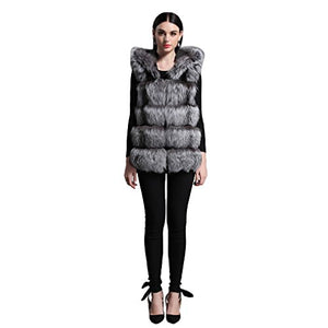 fur story Women's Fur Vest Hoodie with Real Fox Fur Thick Warm Vest with Hood Sleeveless