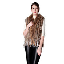 Load image into Gallery viewer, fur story Women's Real Rabbit Fur Vest with Raccoon Fur Collor Solid Color Winter Warm Fur Vest